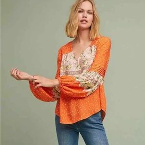 Anthro Maeve by Anthropologie Ceresco Peasant Orange Floral Boho Top Sm